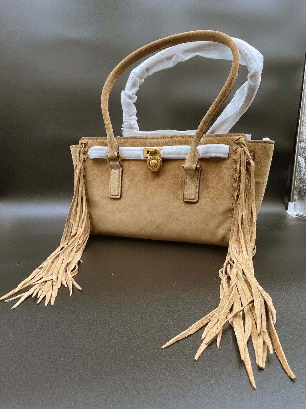 NWT Michael Kors Hamilton Moderne SM EW Suede Fringe Tote Bag Husk $358